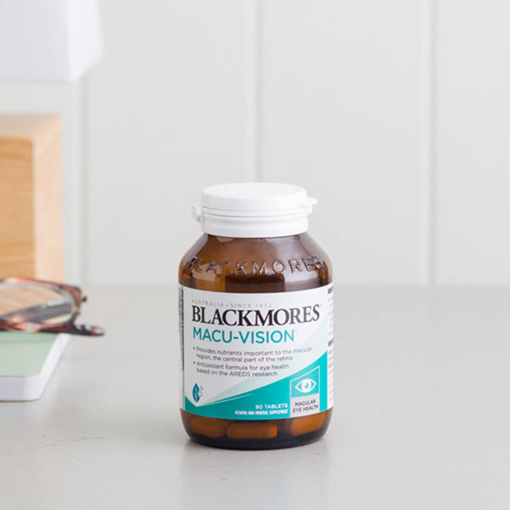 Blackmores Macu-Vision supplement bottle on a white surface.