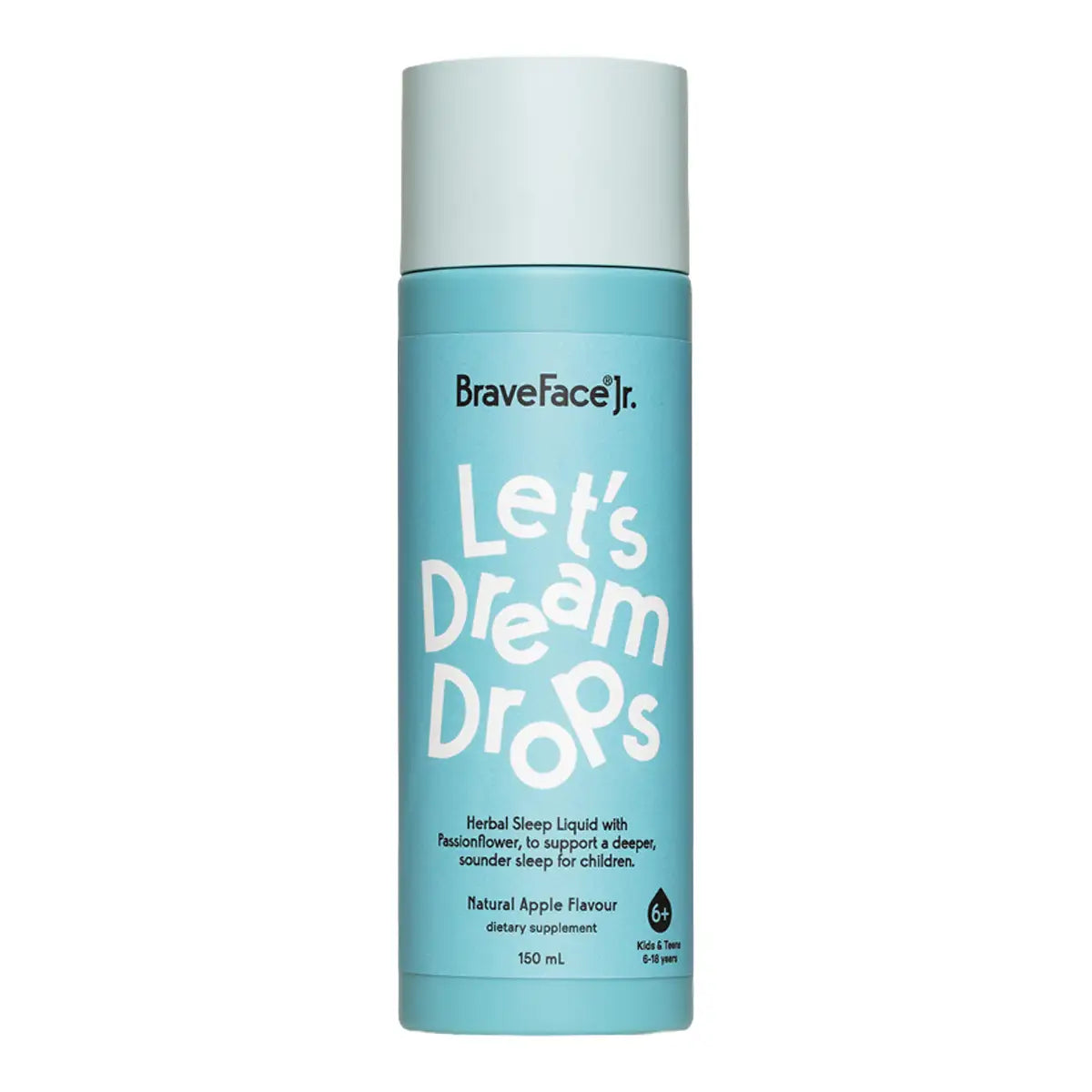 Light blue cylindrical bottle of BraveFace Jr. Let's Dream Drops with a white cap and white text on the label.