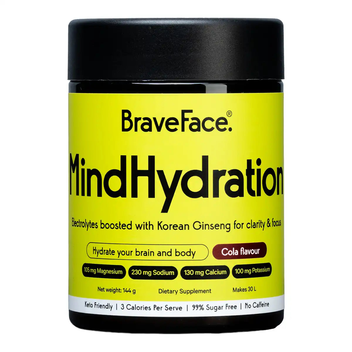 BraveFace MindHydration cola flavoured electrolyte powder in a dark jar with a black lid and bright yellow label.