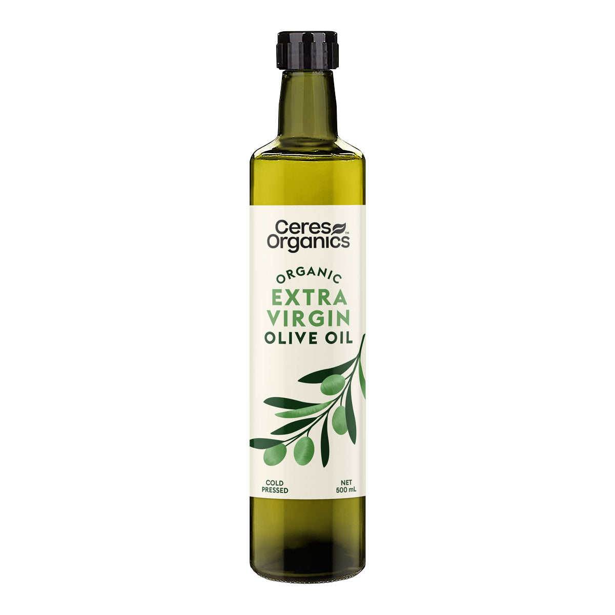 Bottle of Ceres Organics Extra Virgin Olive Oil on a white background.