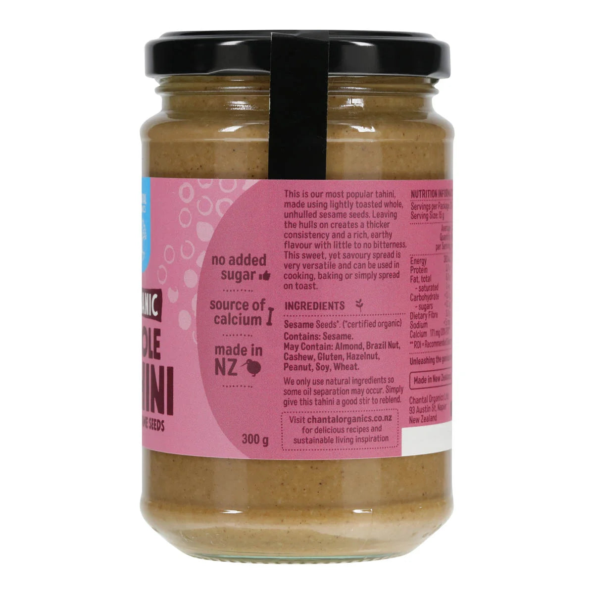 Side of Chantal Organics whole tahini showing ingredients and product information.