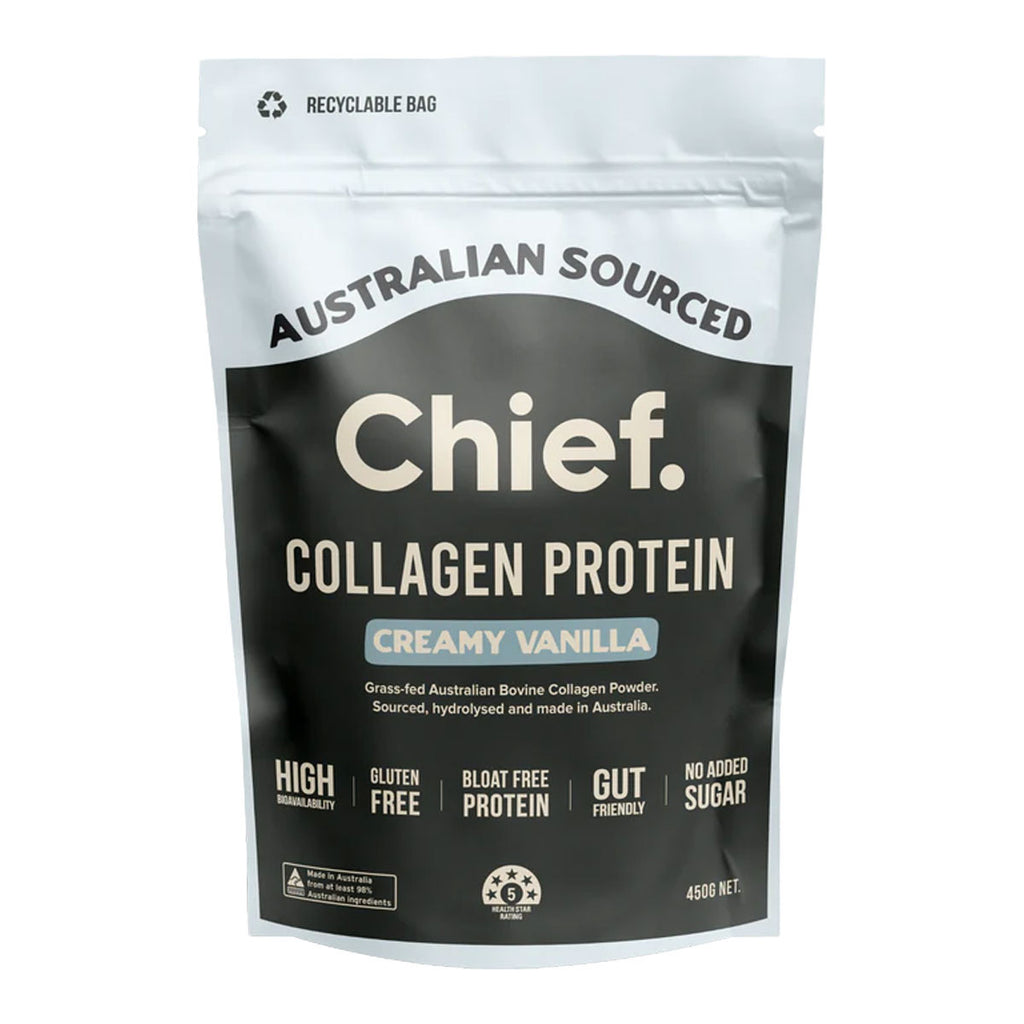 450g bag of Creamy Vanilla flavoured Chief Grass-Fed Collagen Powder, packaged in a black and white resealable plastic bag.