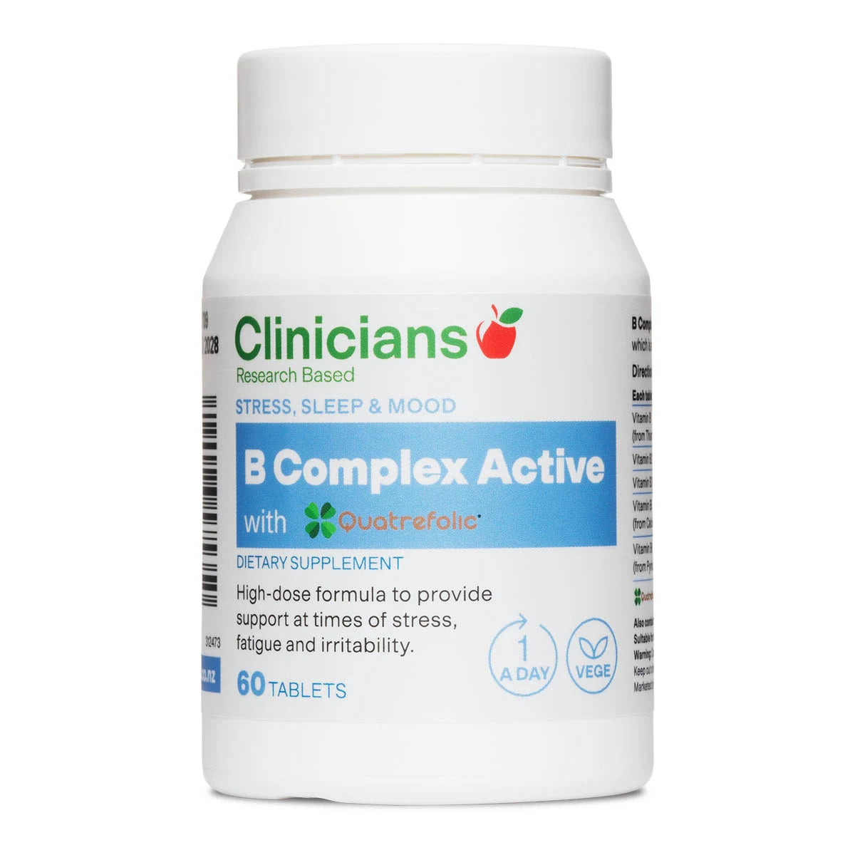 Clinicians B Complex Active 60 Tablets supplement bottle on a white background. 