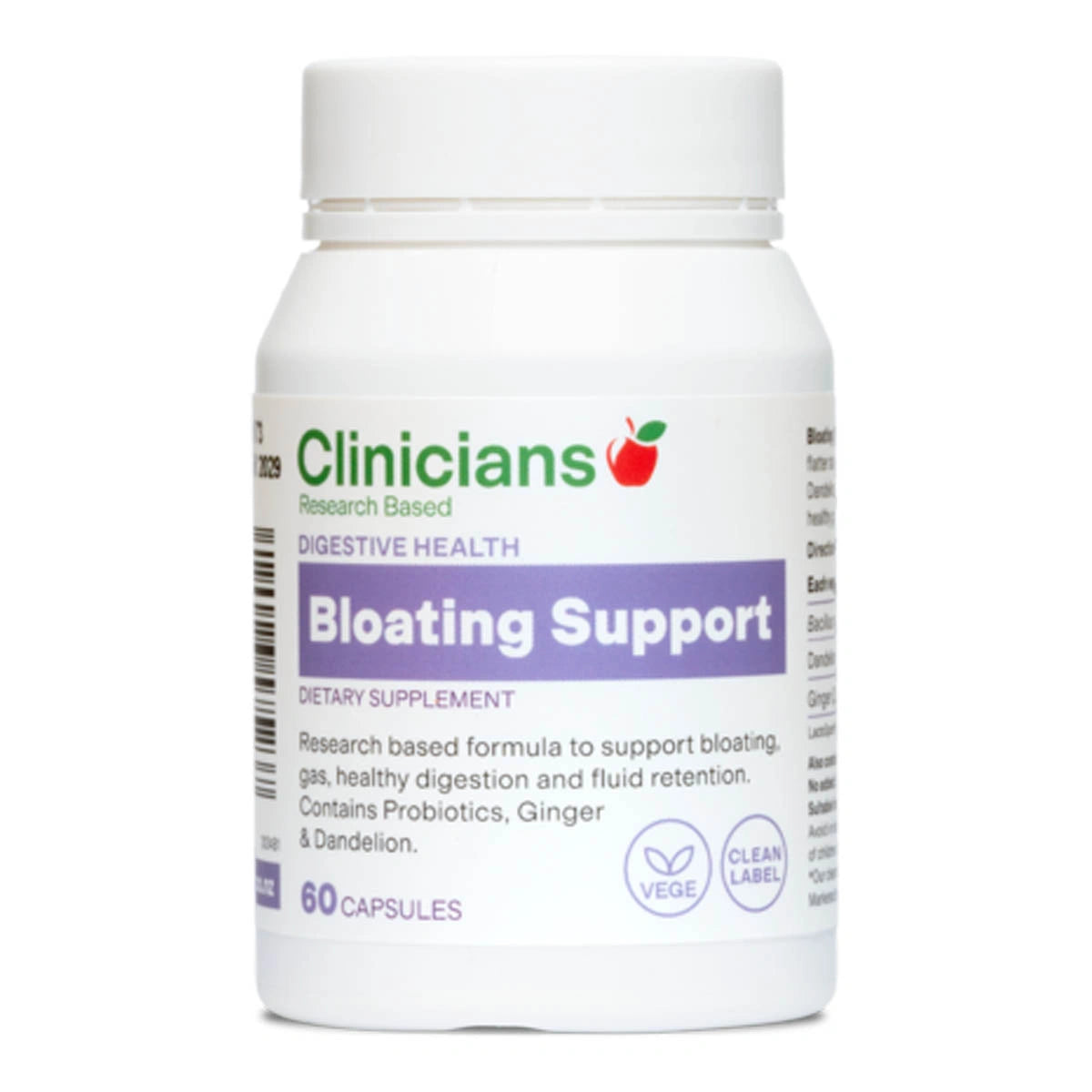 A white plastic bottle of Clinicians Bloating Support dietary supplement with a white cap, featuring a white label with green and purple text and graphics.