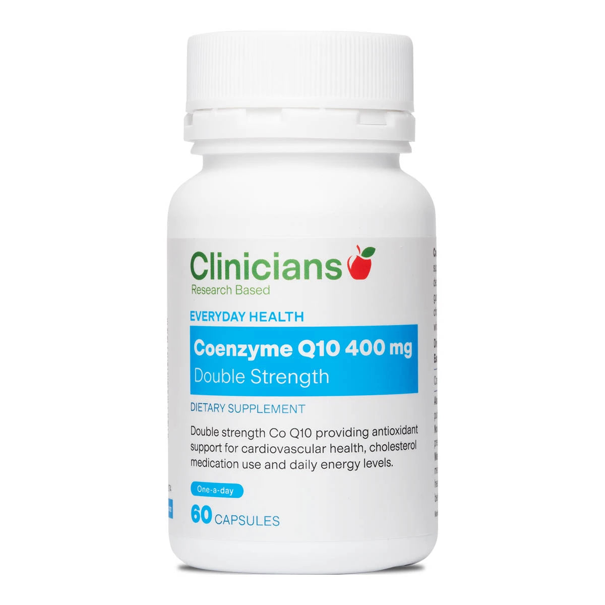 Clinicians Coenzyme Q10 400mg Double Strength supplement bottle on a white background. Double strength CoQ10 providing antioxidant support for cardiovascular health, cholesterol medication use and daily energy levels.