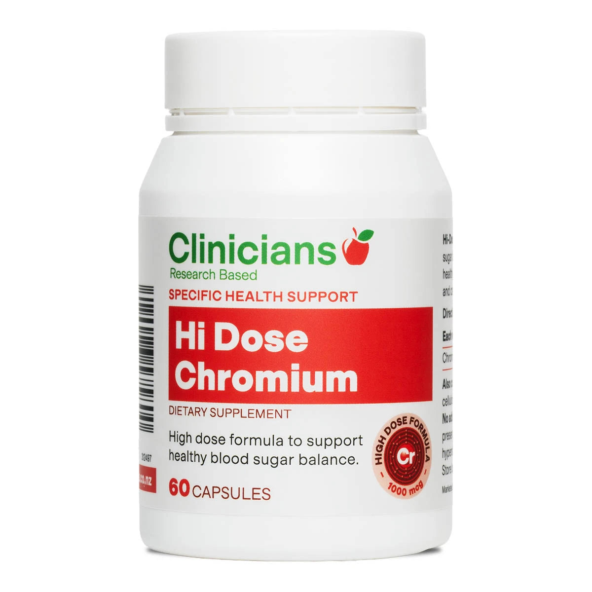 Clinicians Hi Dose Chromium 1000mcg supplement bottle with 60 capsules on a white background. High dose formula to support healthy blood sugar balance. 