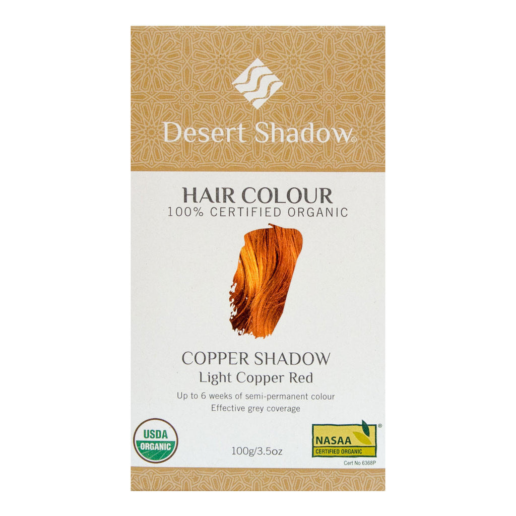 Desert Shadow hair color packaging with a light copper red swatch on a white background.