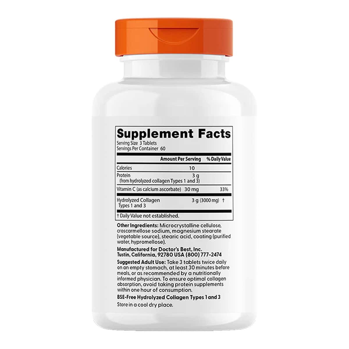 Supplement bottle with orange cap and label on a white background.