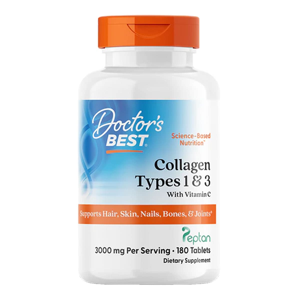 Supplement bottle labeled 'Doctor's Best Collagen Types 1 & 3' on a white background.