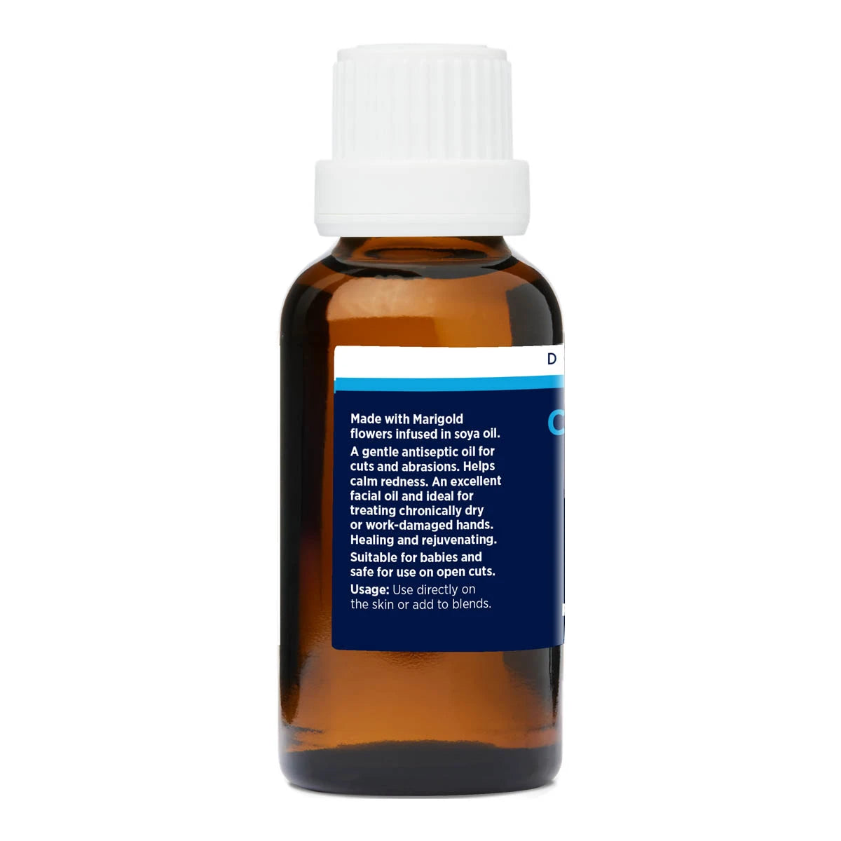 Brown glass bottle of Dolphin Clinic Calendula Oil with white cap and blue label on a white background. 