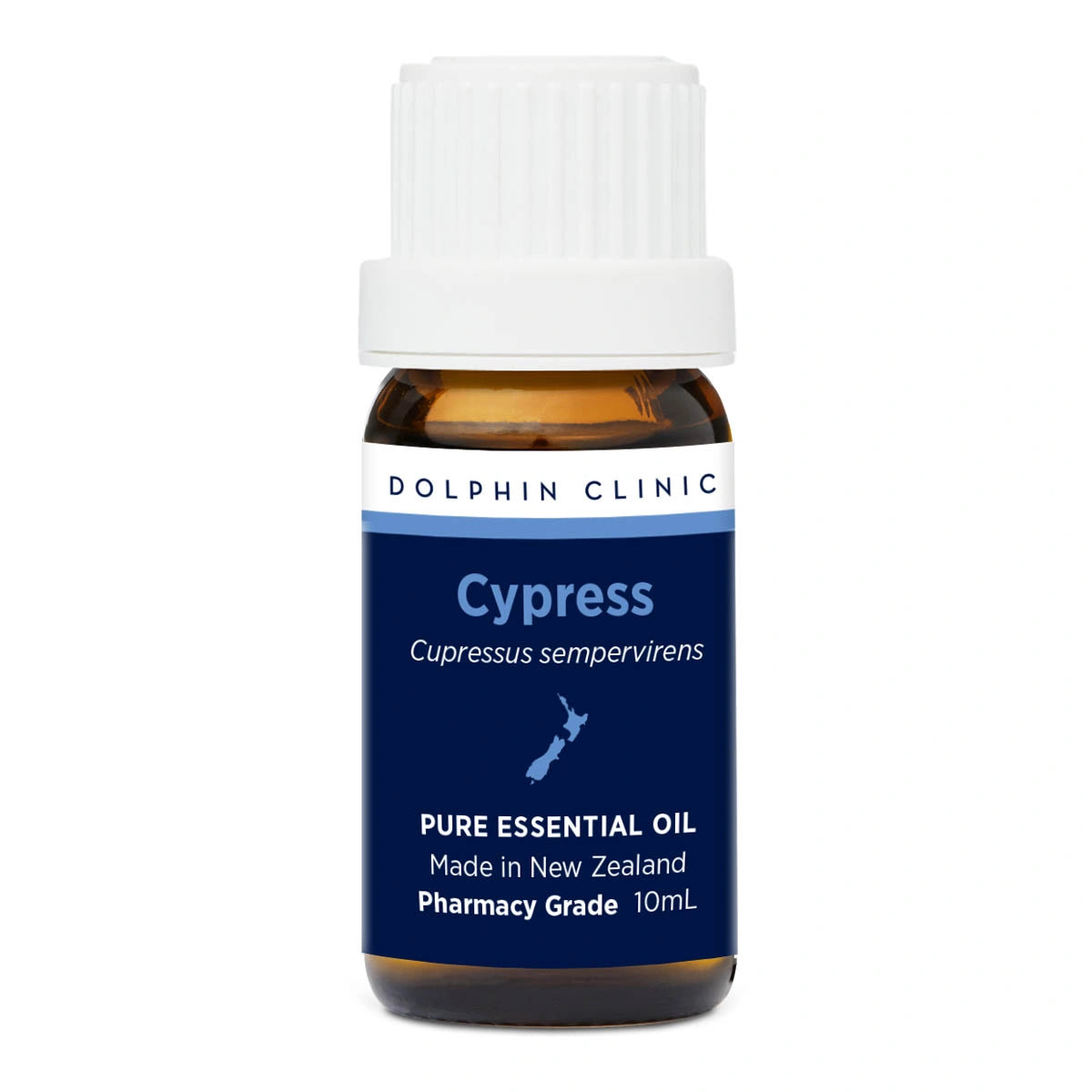 Bottle of Cypress essential oil from Dolphin Clinic on a white background
