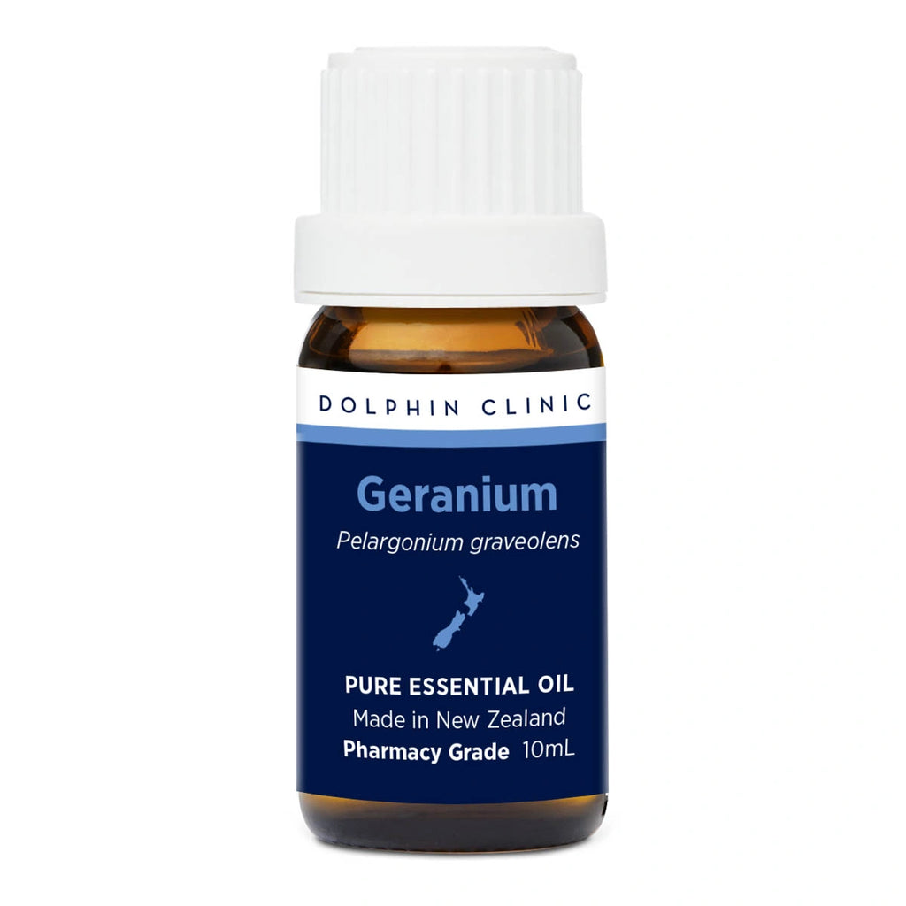 Bottle of Geranium essential oil from Dolphin Clinic on a white background