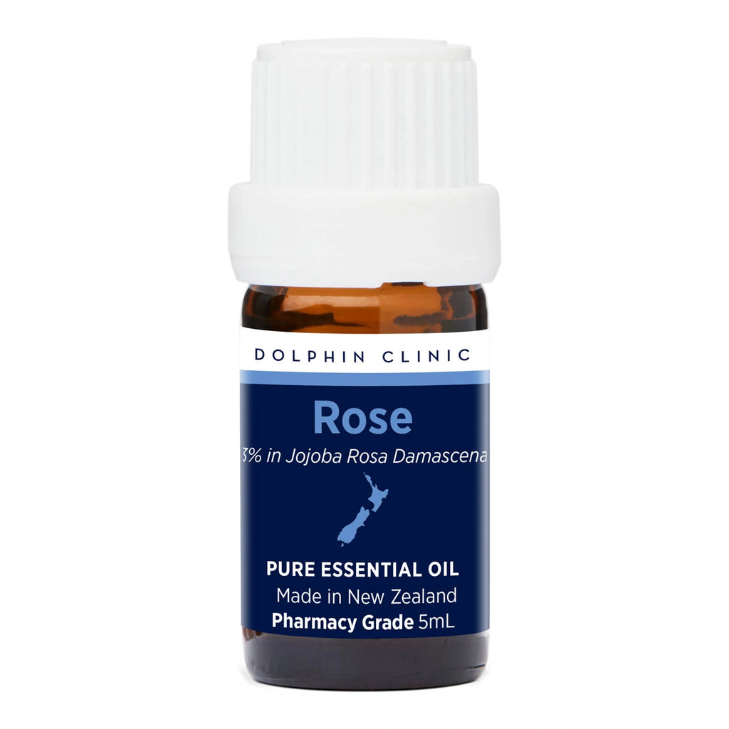 Rose essential oil bottle with blue label on a white background