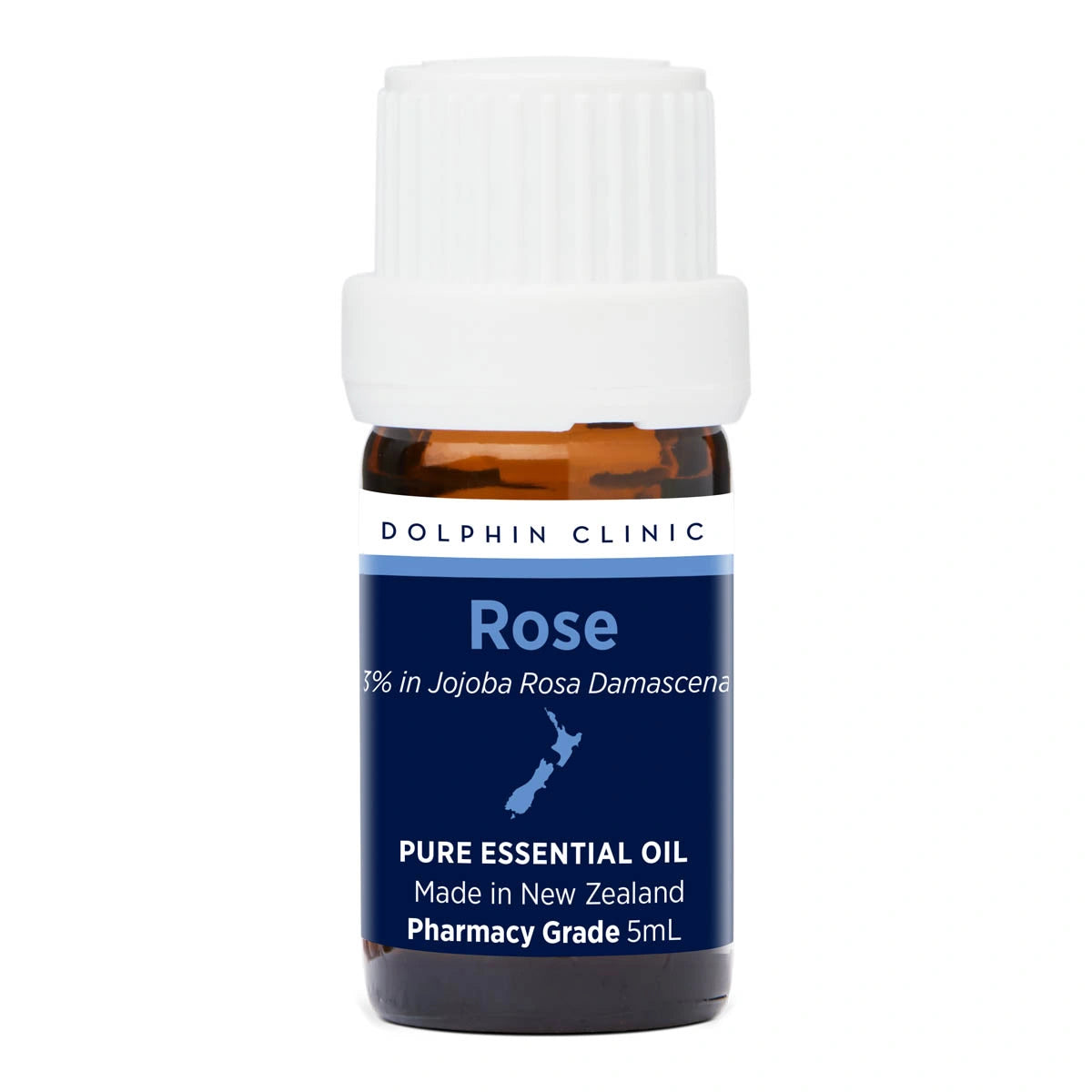 Rose essential oil bottle with blue label on a white background