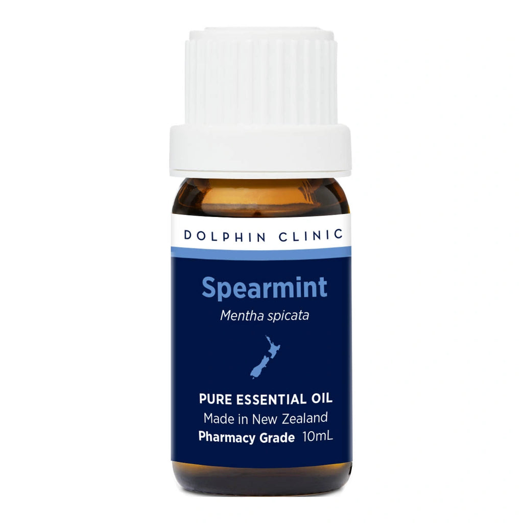 Spearmint essential oil bottle with blue label on a white background