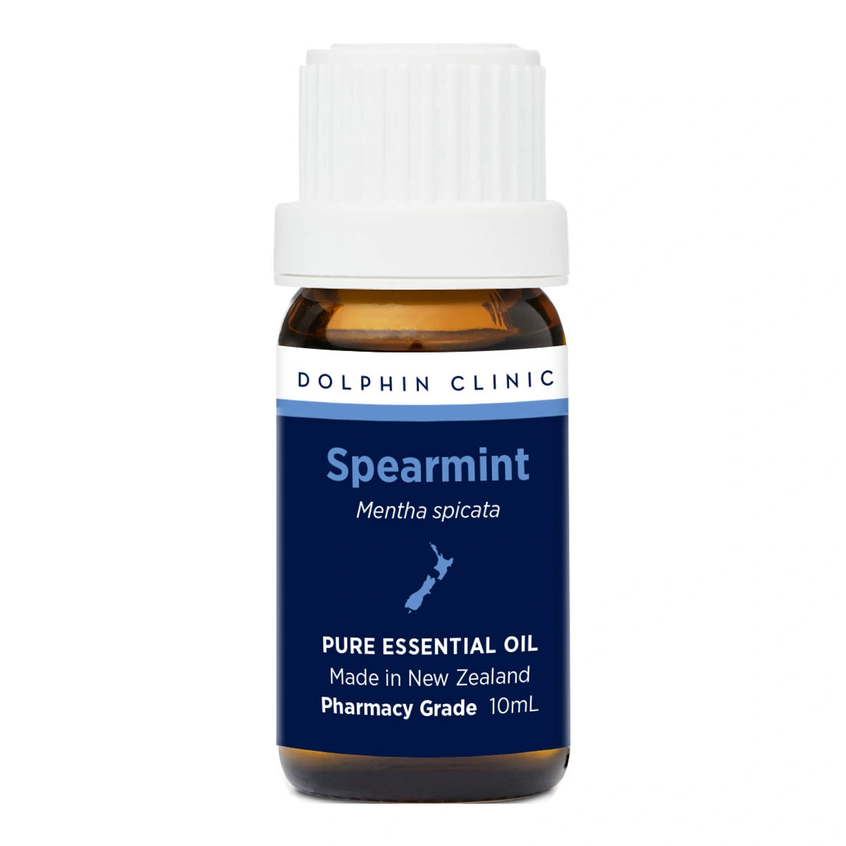 Spearmint essential oil bottle with blue label on a white background
