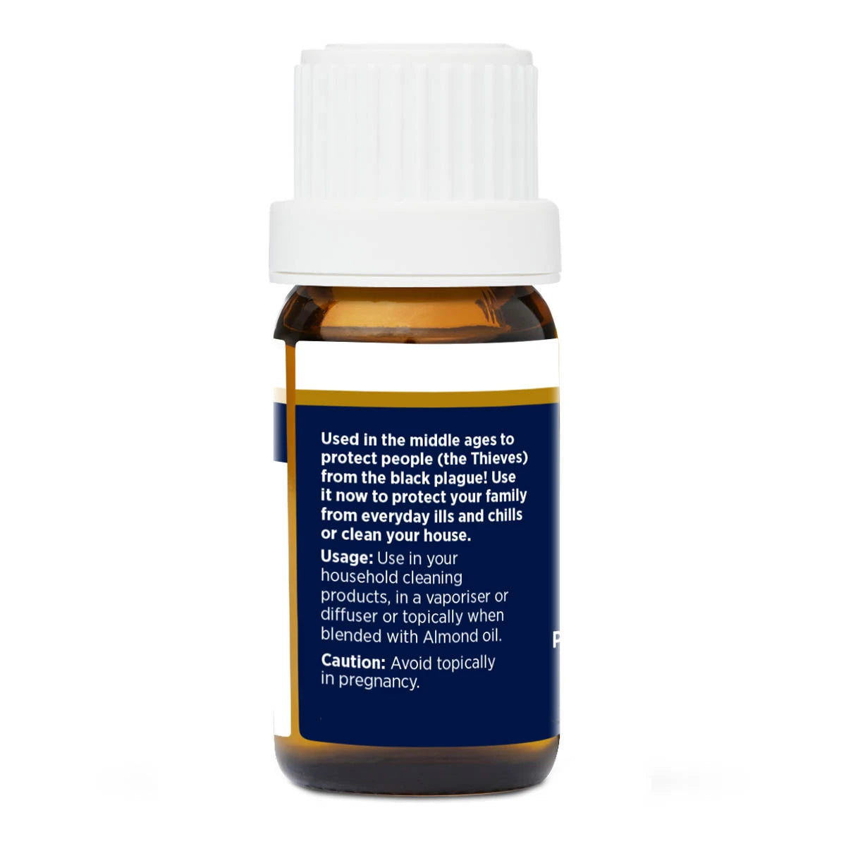 Bottle of traditional thieves essential oil with a white cap and blue label on a white background. Displaying usage instructions & precautions.