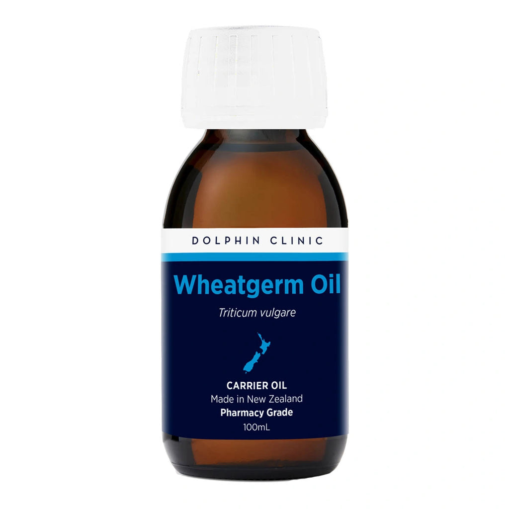 Bottle of Wheatgerm Oil with a blue label on a white background