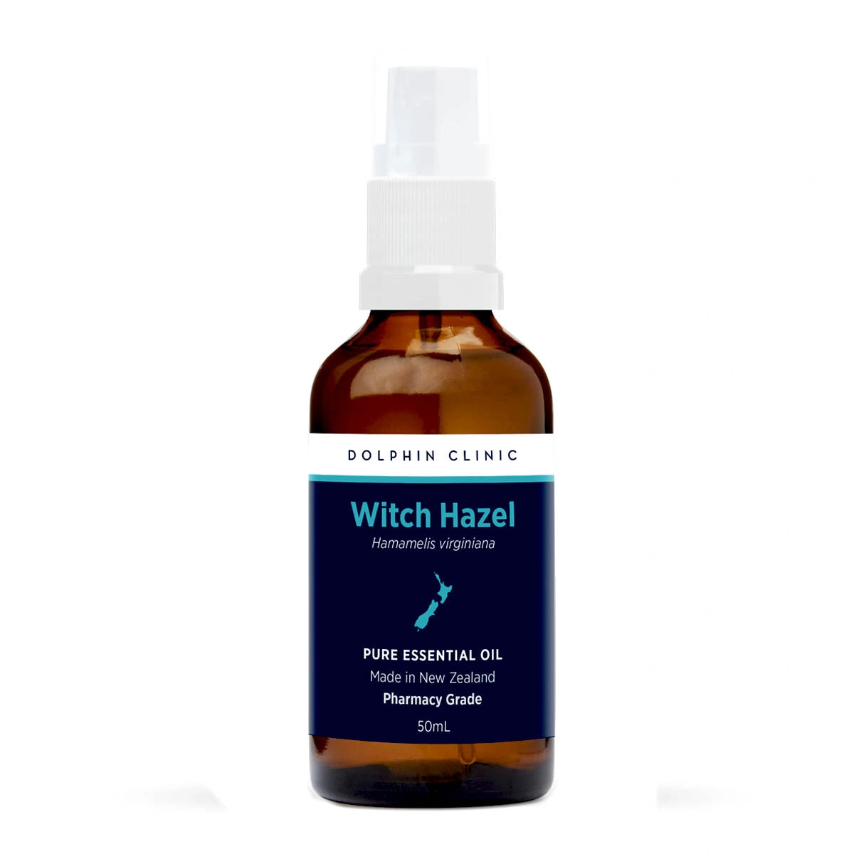 Bottle of Witch Hazel essential oil spray with a white cap on a white background