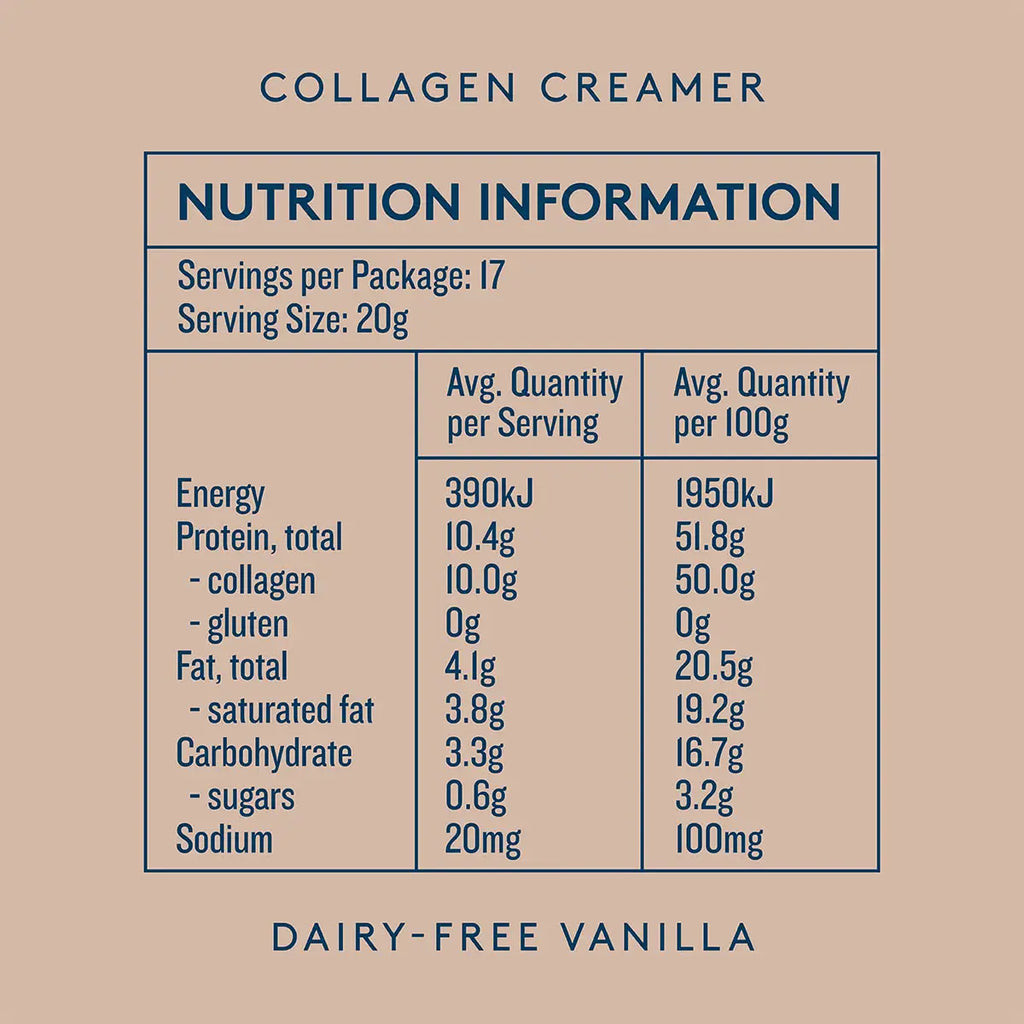 Nutrition information label for collagen creamer on a beige background