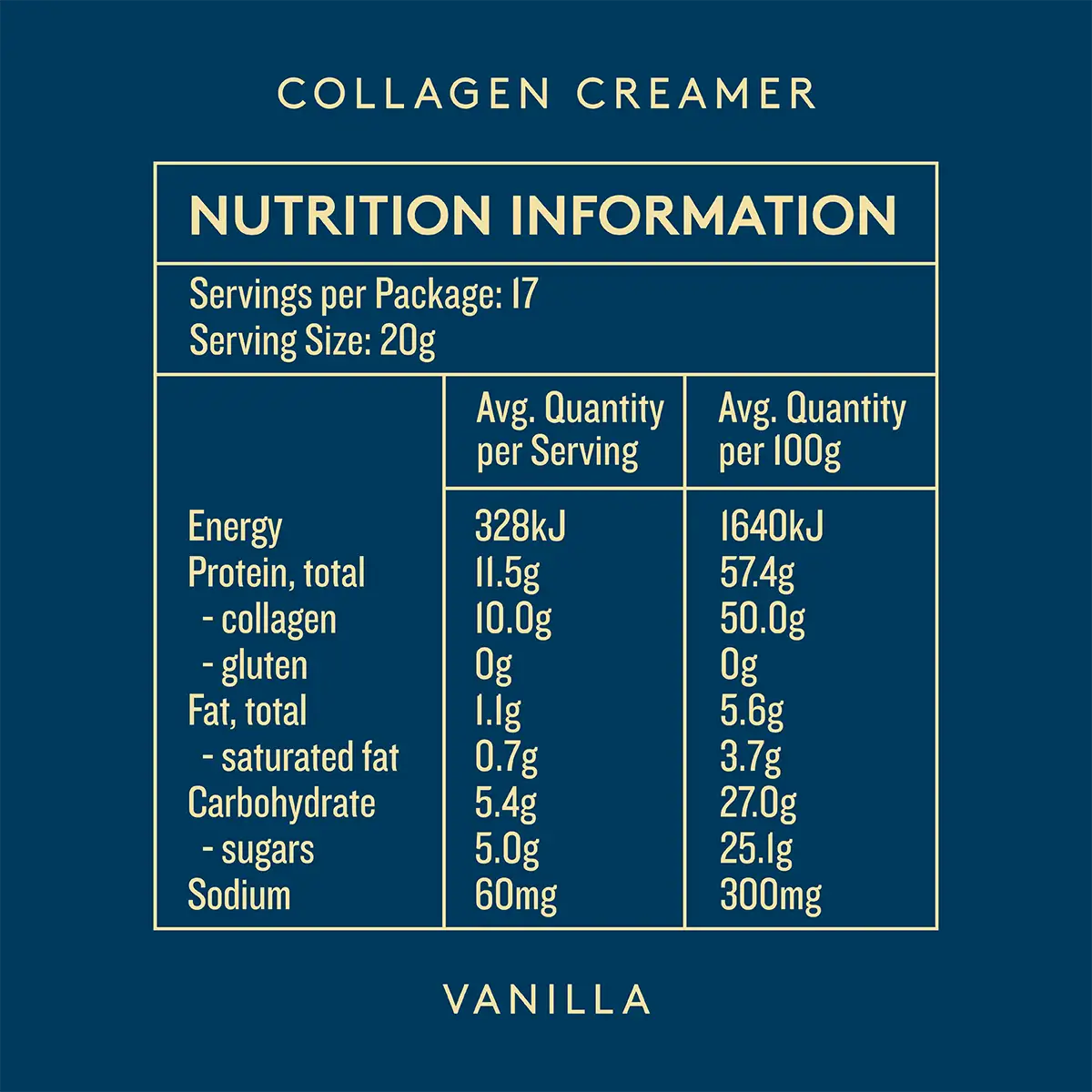 Nutrition information label for collagen creamer on a blue background