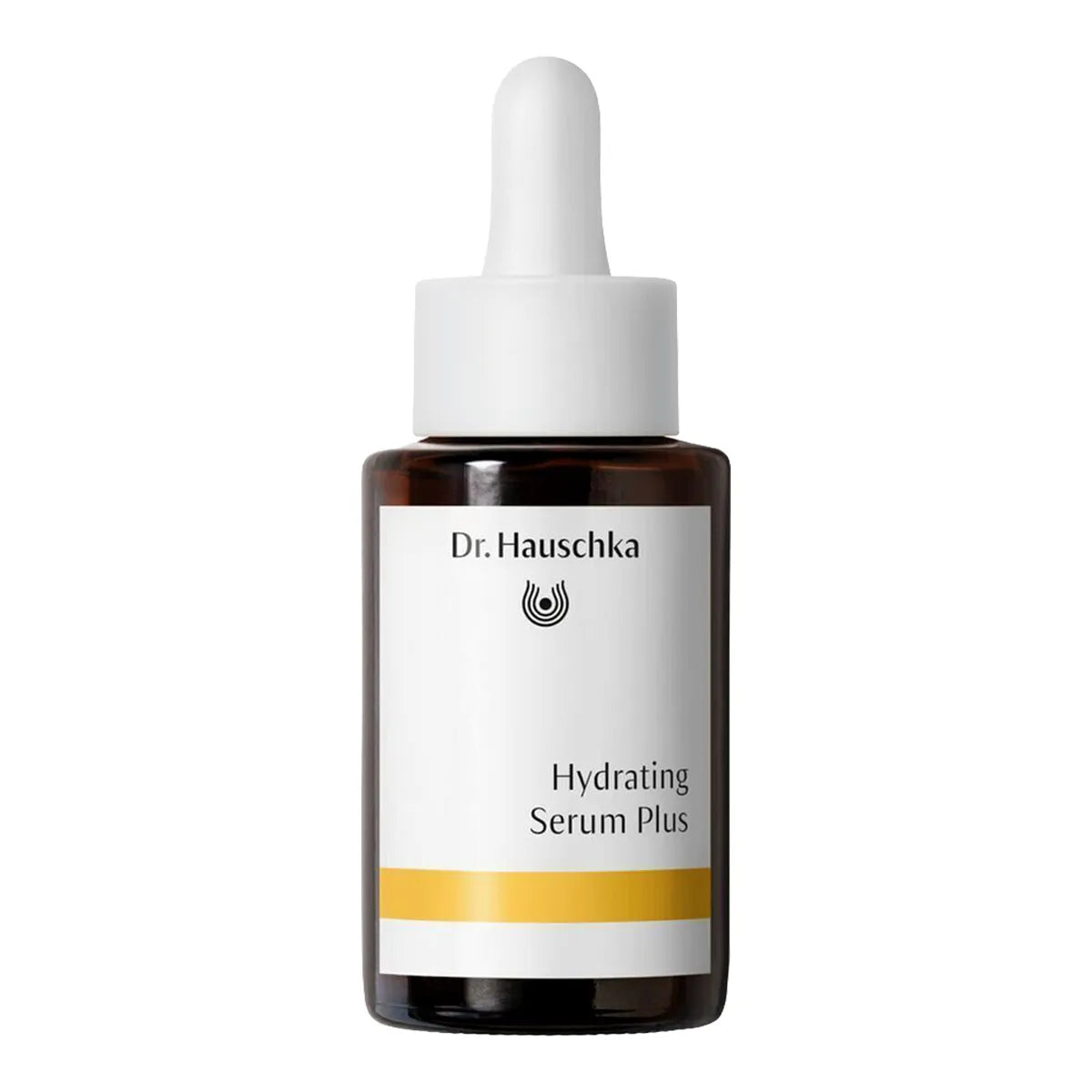 Dr. Hauschka Hydrating Serum Plus in an amber glass dropper bottle with a white label and white dropper cap, isolated on a white background.