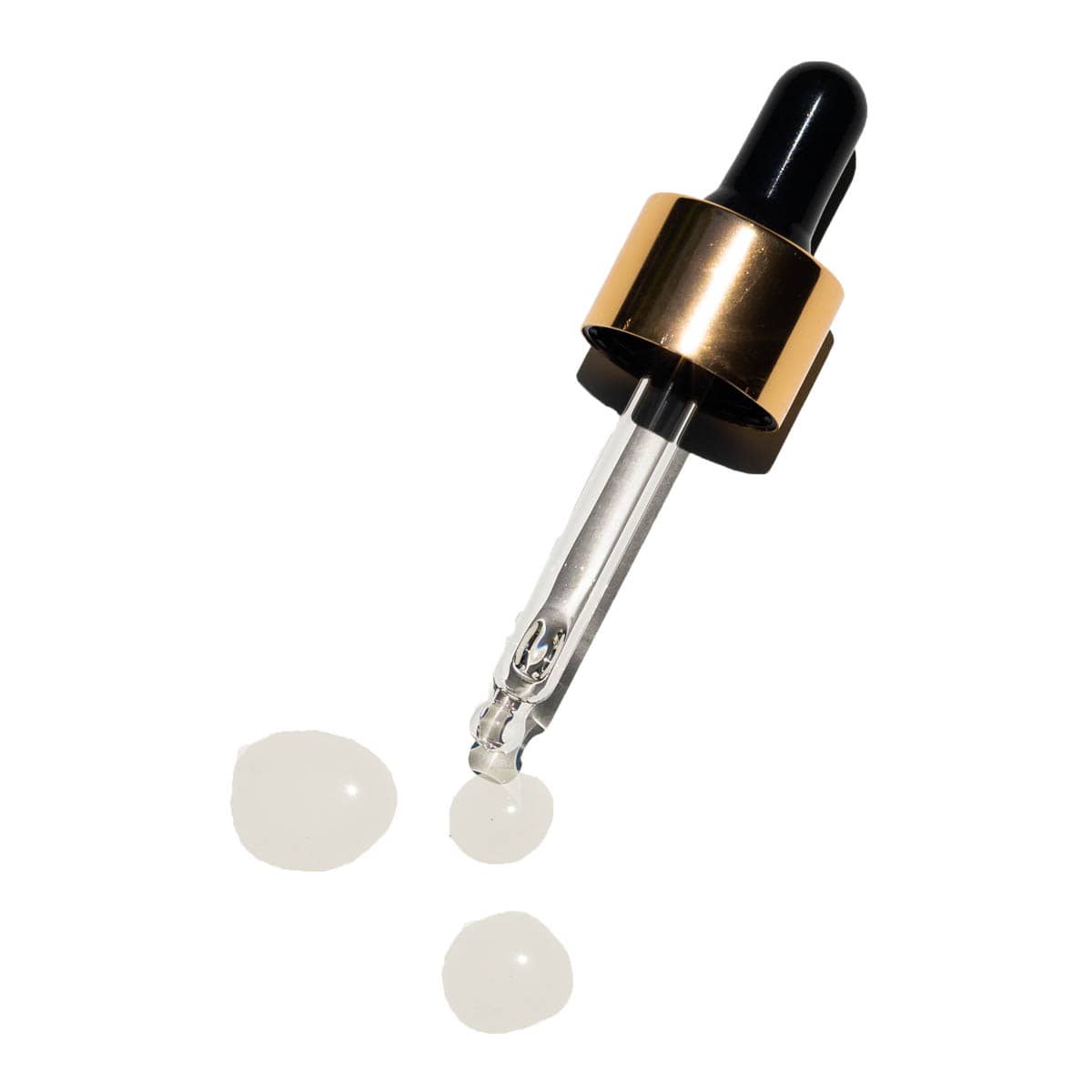 Sleek dropper with gold cap and clear liquid on a white background.