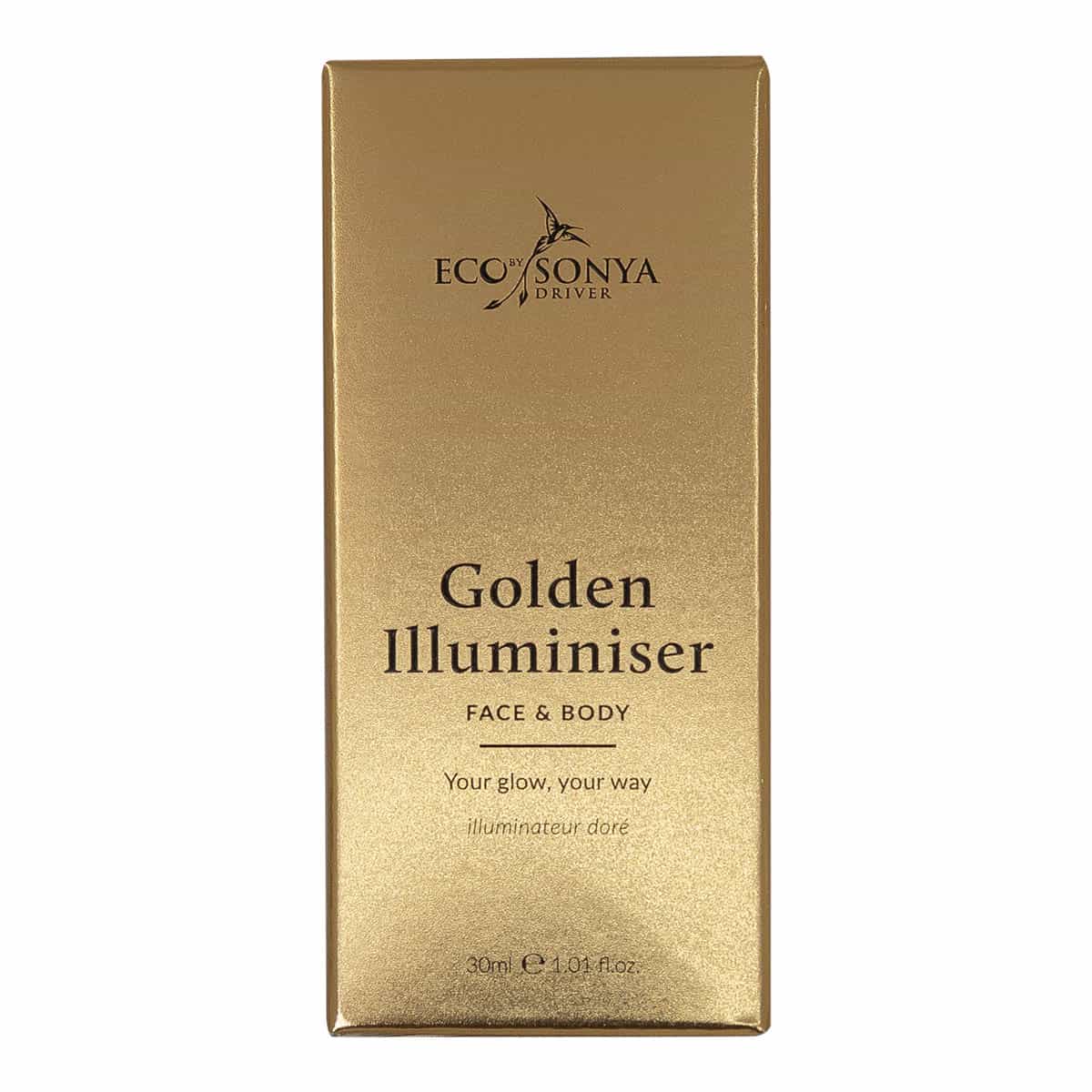 Gold packaging of Eco by Sonya Golden Illuminiser on a white background.