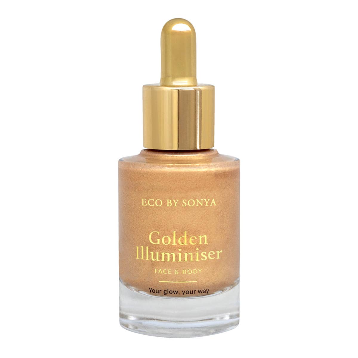 Gold bottle of 'Golden Illuminiser' by Eco by Sonya on a white background.