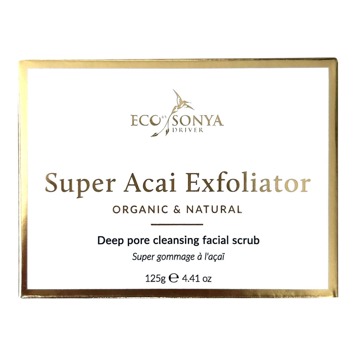 Box packaging of Eco By Sonya Super Acai Exfoliator - Deep pore cleansing facial scrub. White & gold packaging.