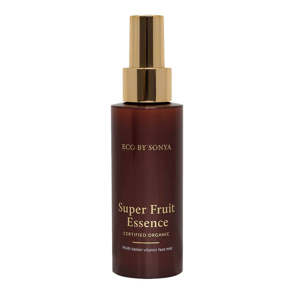 Bottle of Eco by Sonya Super Fruit Essence on a white background.