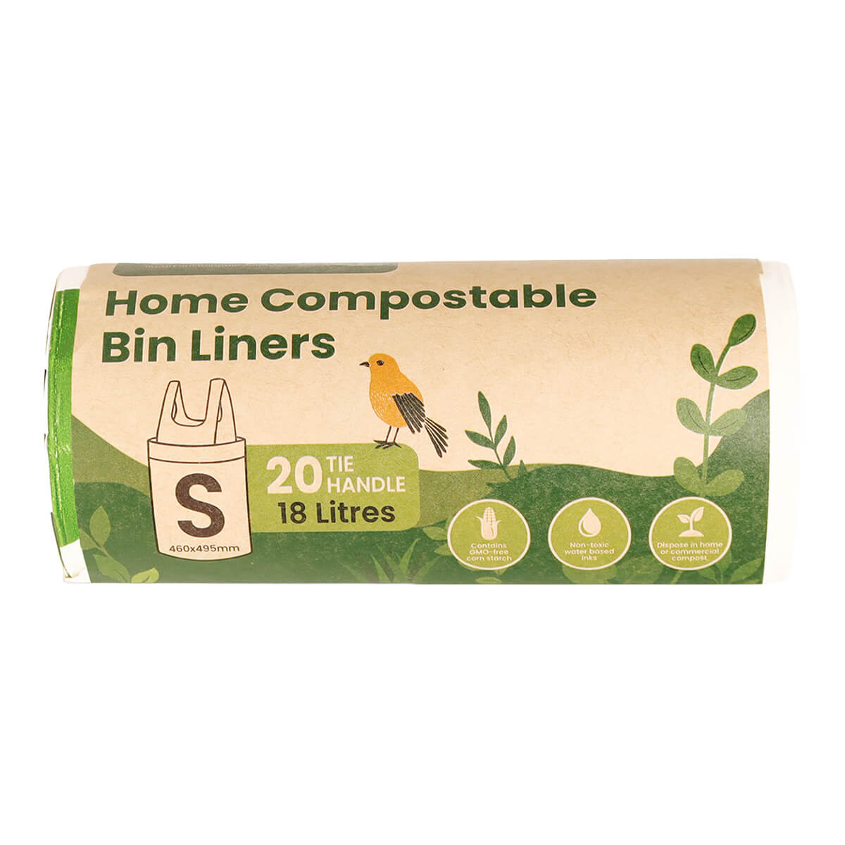 Roll of home compostable bin liners with a bird illustration on a white background