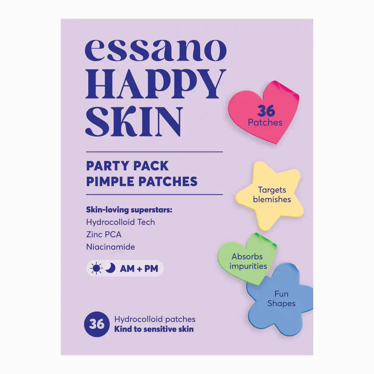 Essano Happy Skin pimple patch packaging with colourful stars and text on a purple background.
