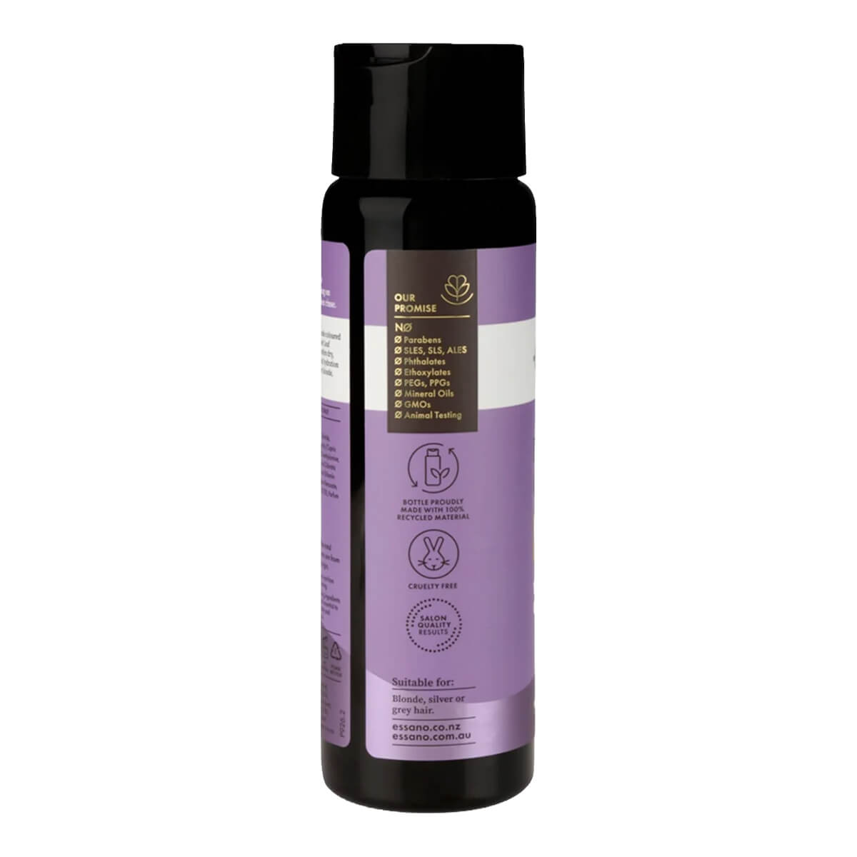 Shampoo bottle with purple label on a white background.