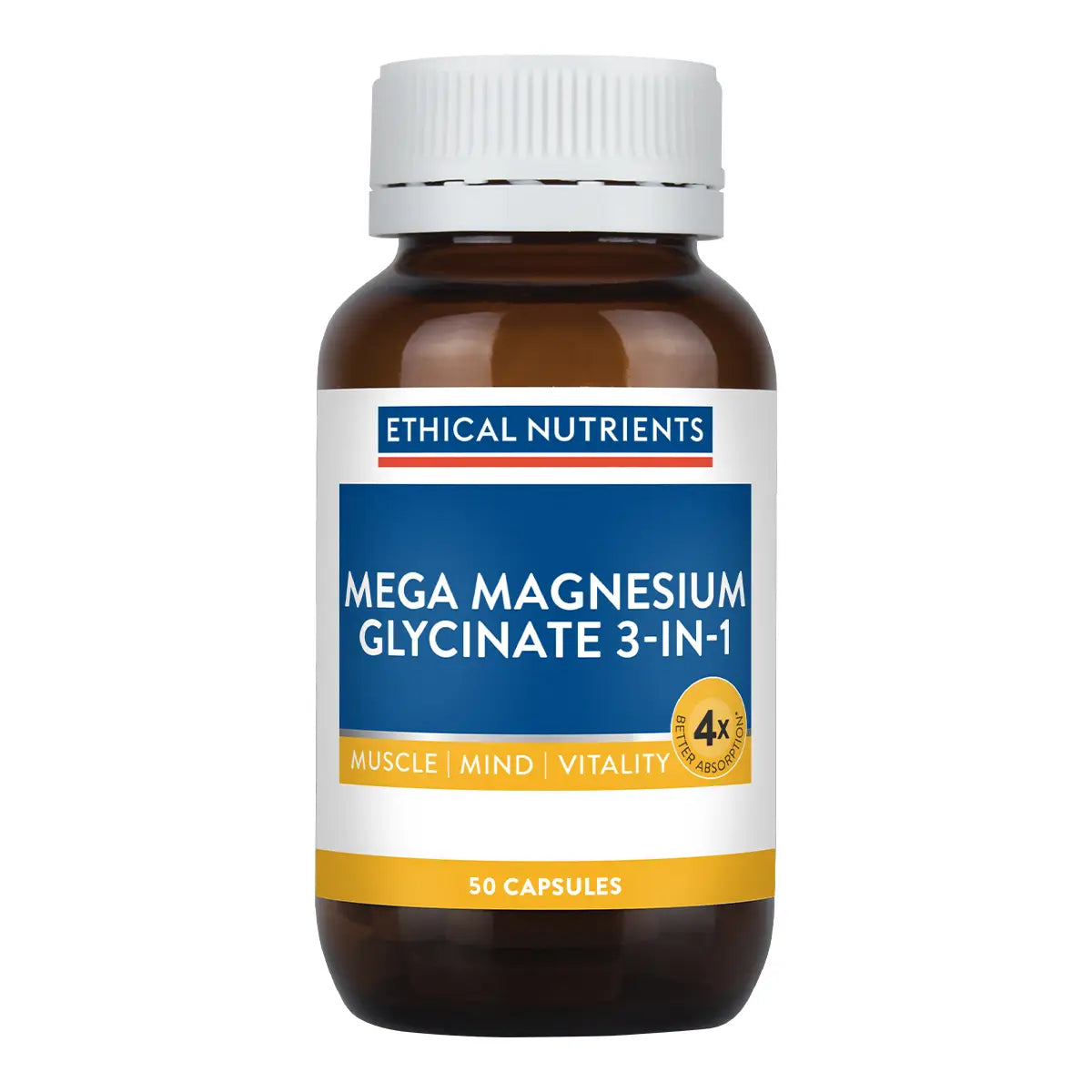 Ethical Nutrients Mega Magnesium Glycinate 3-In-1 supplement in an amber brown bottle with a white cap and a white, blue, and yellow label.