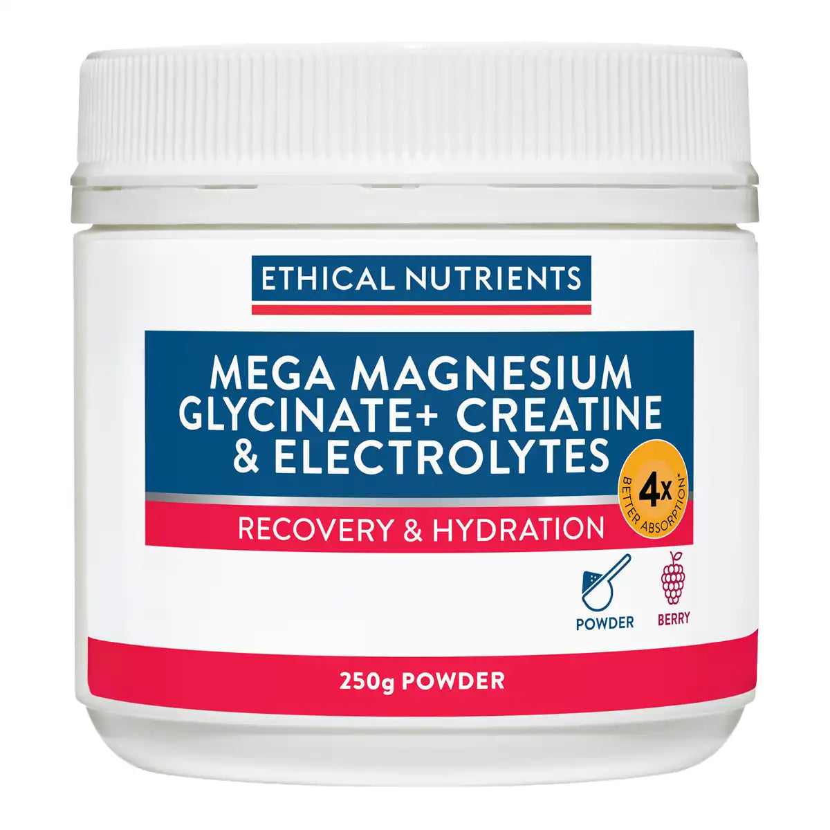 A white plastic tub of Ethical Nutrients Mega Magnesium Glycinate+ Creatine & Electrolytes powder, berry flavor, 250g, on a white background.