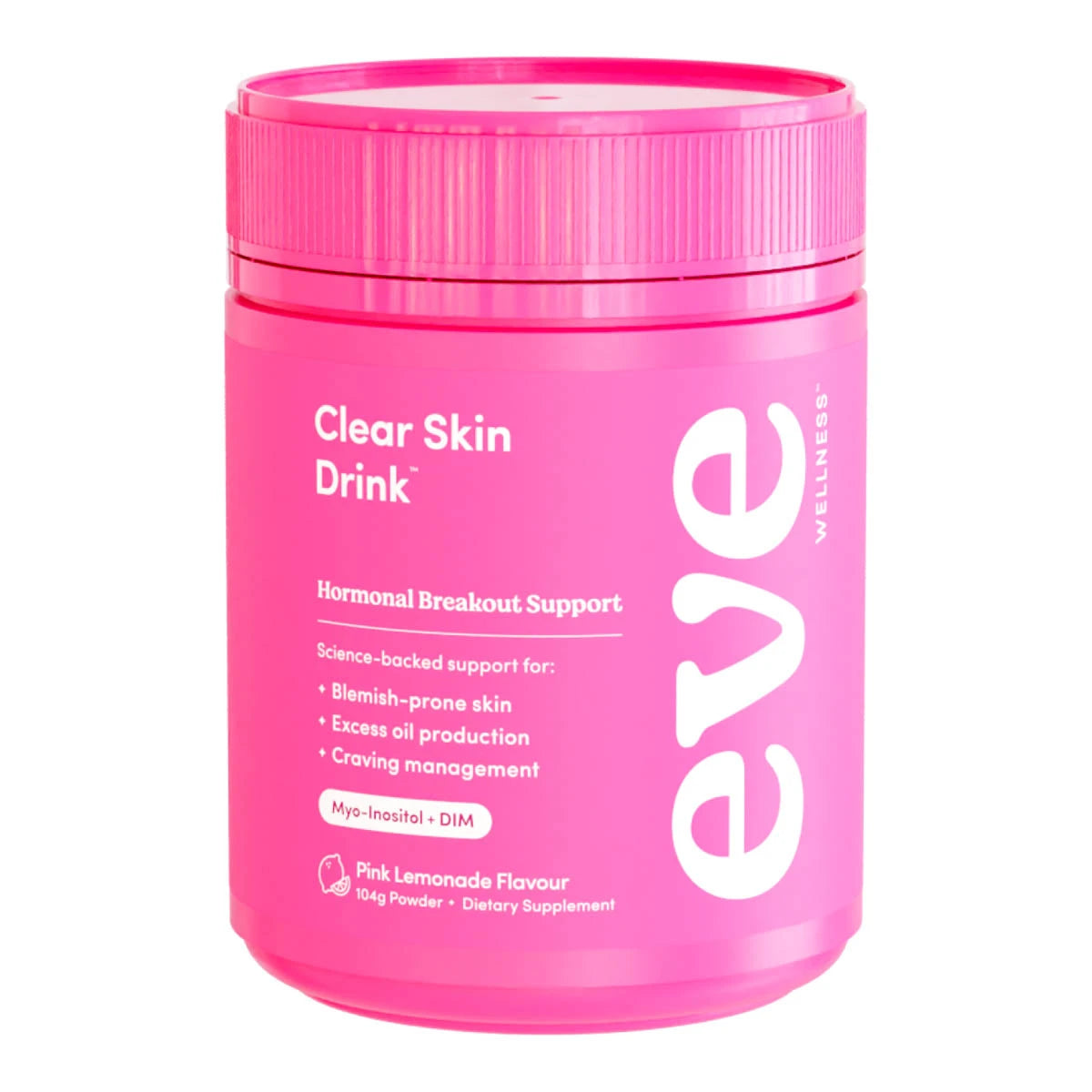 104g bright pink container of eve wellness Clear Skin Drink on a white background. Hormonal breakout support, pink lemonade flavour.