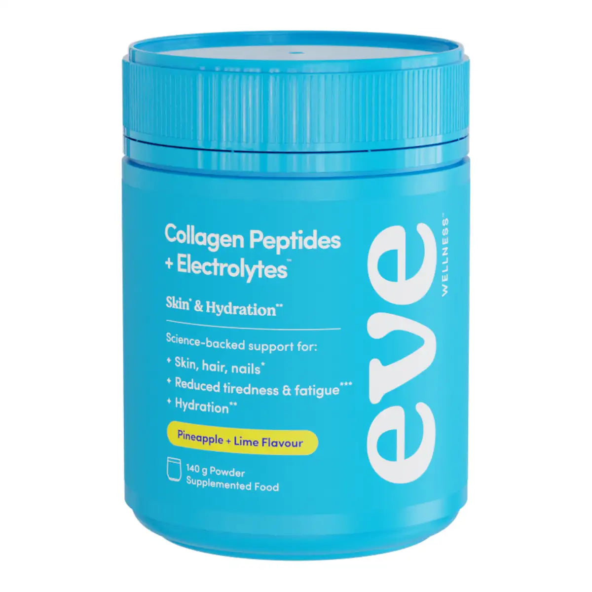 A bright blue tub of Eve Wellness Collagen Peptides + Electrolytes powder, Pineapple + Lime Flavour, on a solid white background.