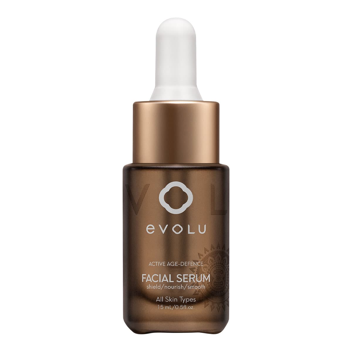 Evolu facial serum bottle with dropper on a white background