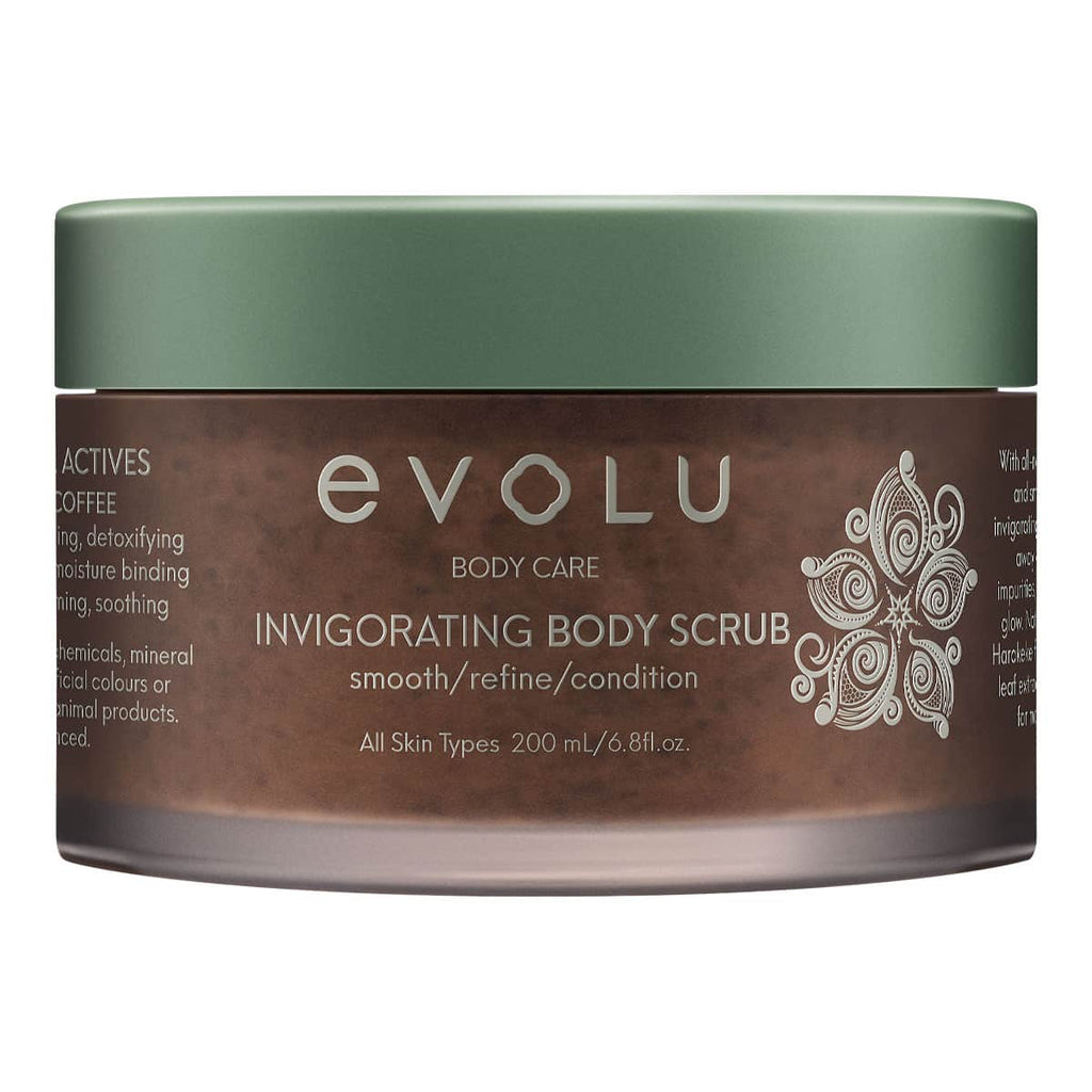 Evolu body care invigorating body scrub jar on a white background.
