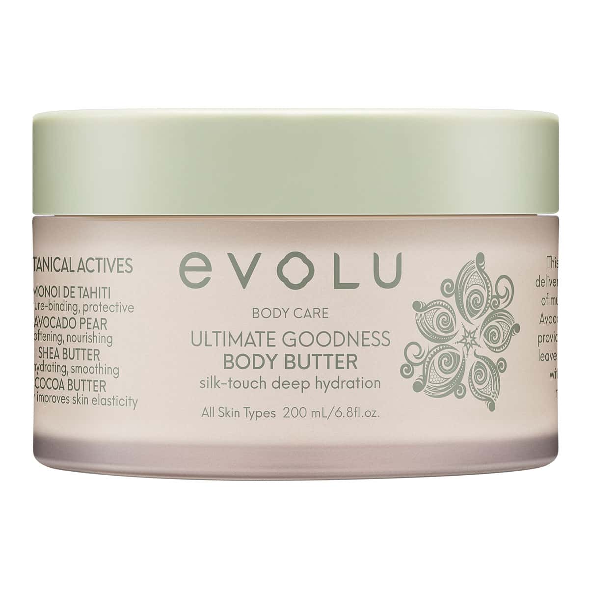 Evolu body care product with a green lid and beige container on a white background.