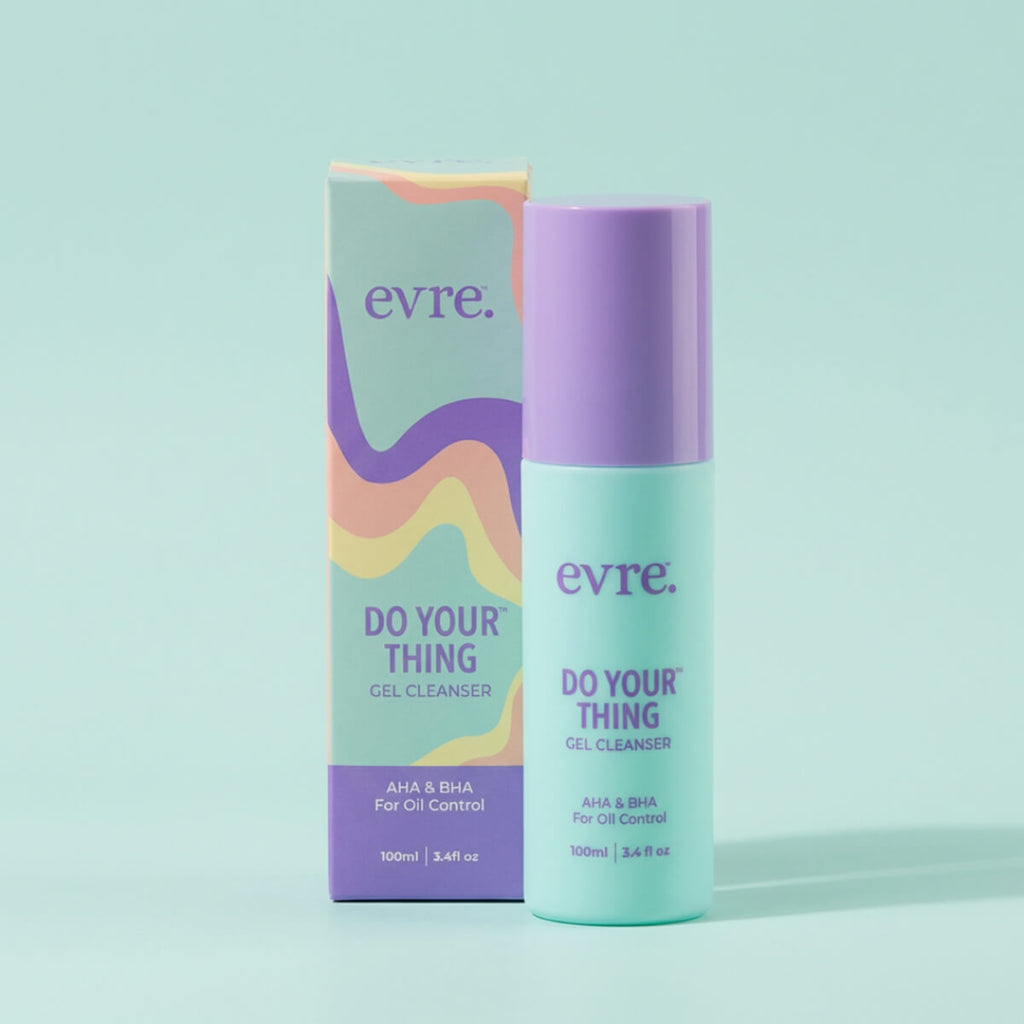 Evre gel cleanser bottle and packaging on a light blue background