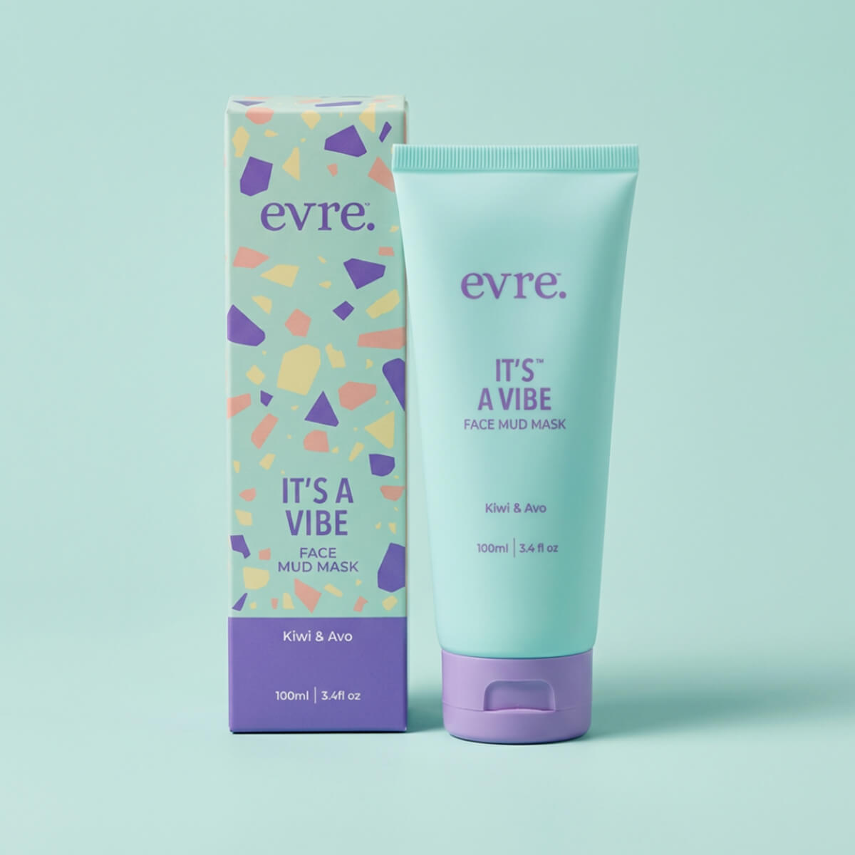 Evre face mud mask packaging with colorful box on a light blue background
