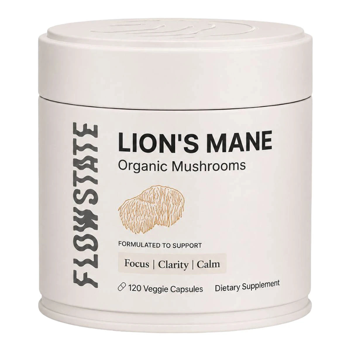 Lion's Mane Organic Mushrooms in a cream coloured tin formulated to support focus, clarity and calm. 120 veggie capsules. 