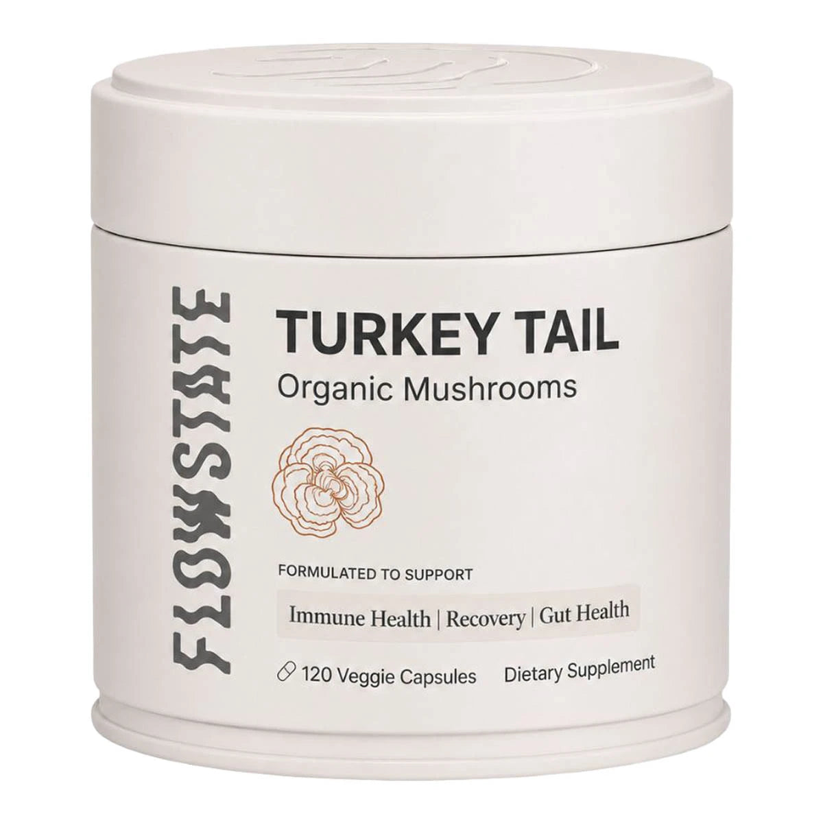 A white cylindrical plastic jar of FlowState Turkey Tail Organic Mushrooms dietary supplement, containing 120 veggie capsules, shown on a plain white background.
