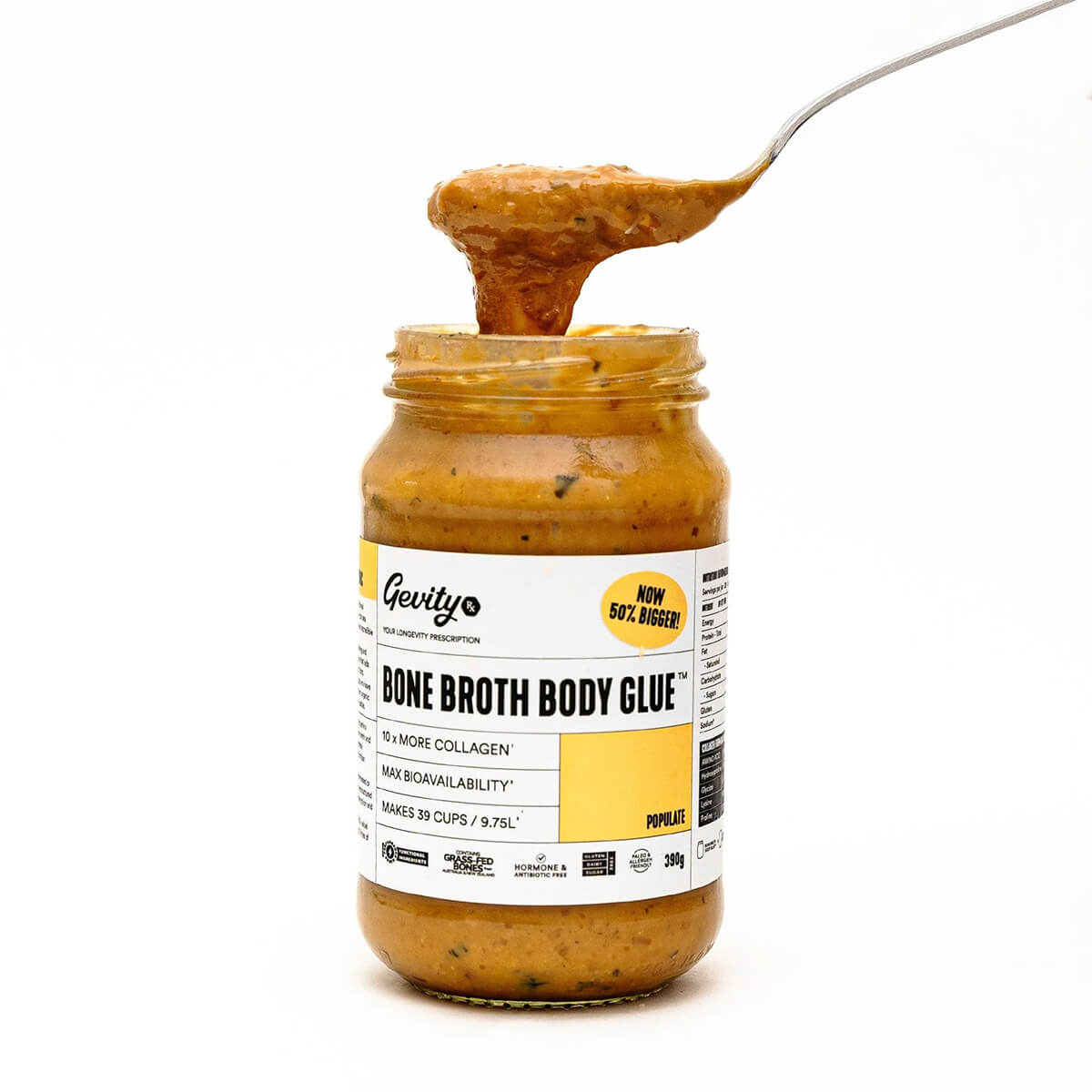 Jar of Gevity Bone Broth Body Glue with a spoonful of product on a white background.