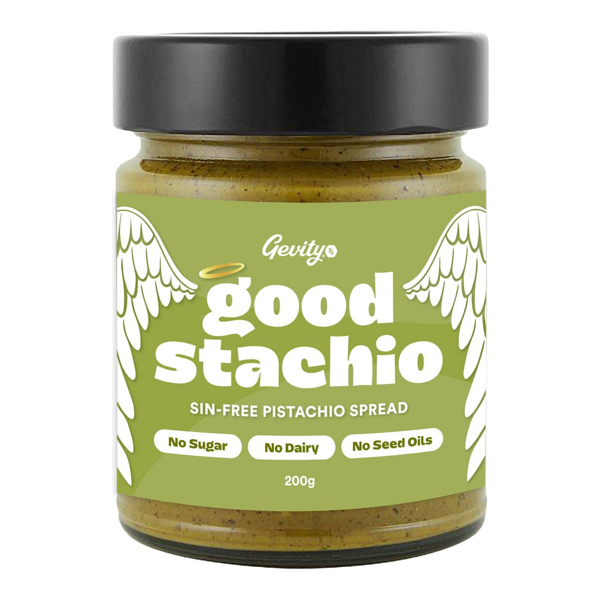 Jar of 'good stachio' pistachio spread with a green label on a white background.