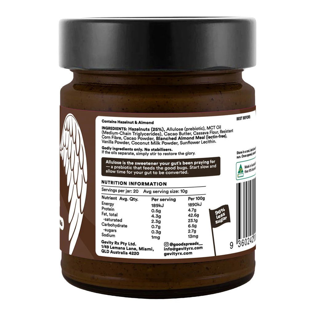 Back view of a jar with a label showing ingredients and nutrition information.