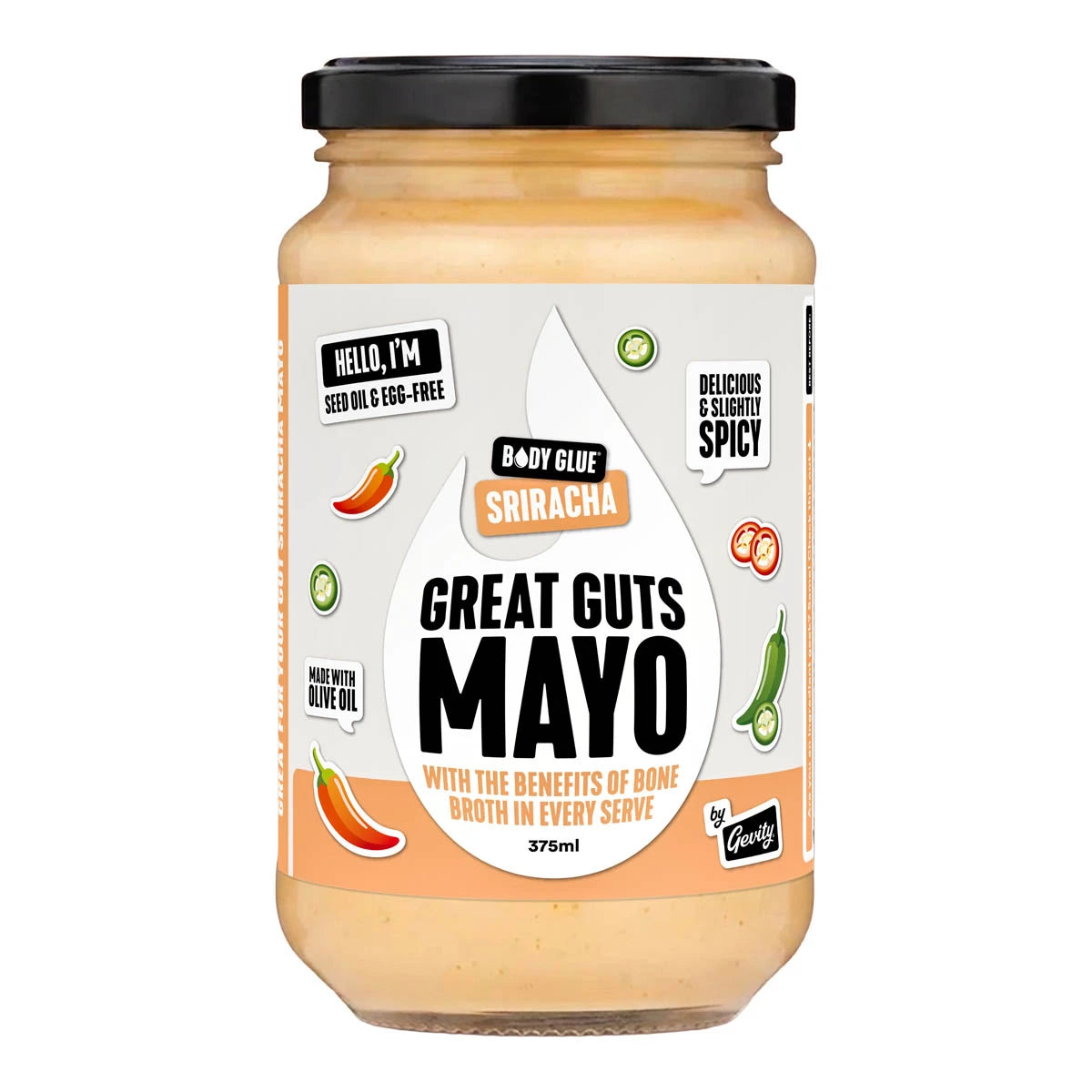 A 375ml glass jar of Great Cuts Sriracha Mayo with a black lid and a white, orange, and black label, shown on a plain white background.