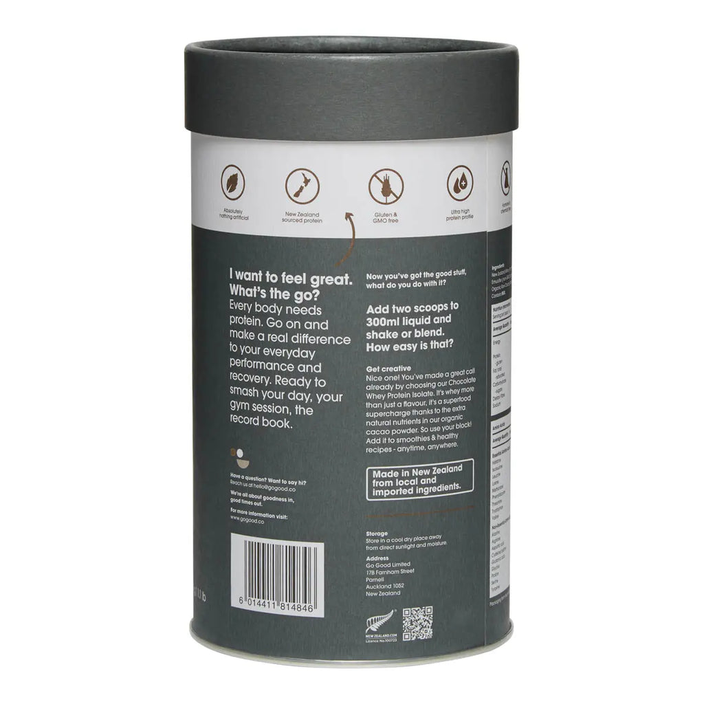 Back view of Go Good Whey protein Isolate showing product information and usage.